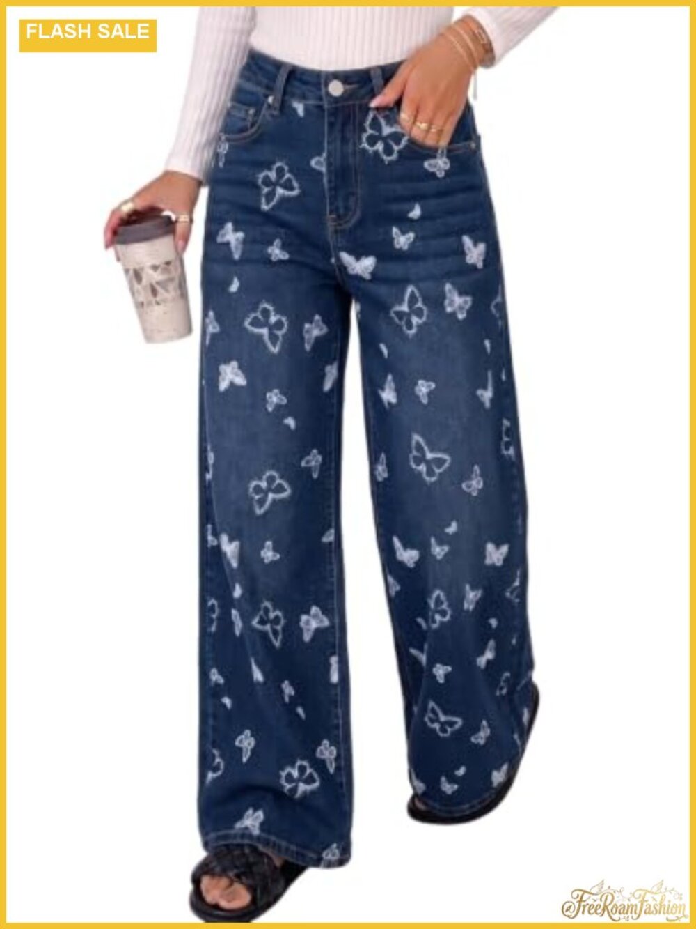 Women's Wide Leg Denim Jeans Stretch High Waist Straight Butterfly Print